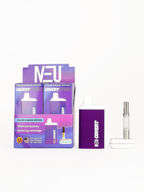 Front facing view of the NEU Push Covert Discreet Battery in matte purple. This stealthy 650mAh concealed cartridge battery completely hides your 510-threaded oil tanks within its chassis for ultimate privacy on the go.