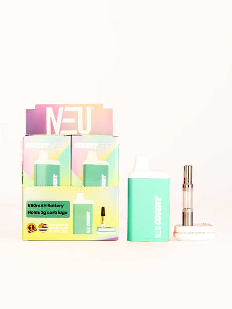 Front facing view of the NEU Push Covert Discreet Battery in matte teal. This stealthy 650mAh concealed cartridge battery completely hides your 510-threaded oil tanks within its chassis for ultimate privacy on the go.