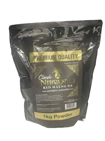 Front view of the Nirvanio Classic 1kg kratom powder bag in vibrant black and gold. This massive bulk resealable pouch contains premium, finely milled kratom powder designed for consistent, daily botanical wellness.
