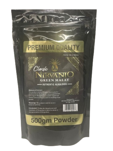Front view of the Nirvanio Classic 500g kratom powder bag in black and gold. This bulk resealable pouch contains premium, finely milled kratom powder designed for consistent, daily botanical wellness