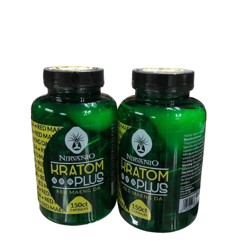 Front view of the Nirvanio Kratom Plus bottle in white with a bright green and black label. This 150-count Maeng Da kratom supplement is used for boosting natural energy and enhancing daytime focus.