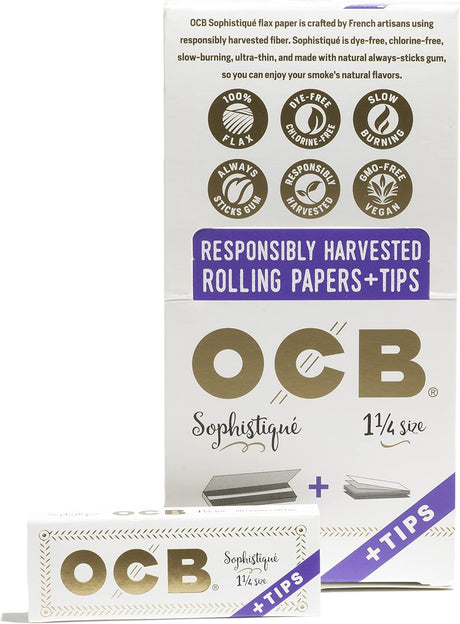 Front view of the OCB Sophistique 1 1/4 size cigarette papers display box in a classic black and gold design. This wholesale retail package holds multiple booklets of premium ultra-thin flax papers designed for a sophisticated, slow-burning smoking experience.