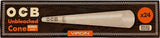 Front view of the OCB Virgin Cone King Size 24ct display box in natural brown and tan. This convenient retail point-of-purchase box contains unbleached, ultra-thin pre-rolled cones designed for a smooth, slow-burning smoking experience.