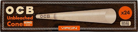 Front view of the OCB Virgin Cone King Size 24ct display box in natural brown and tan. This convenient retail point-of-purchase box contains unbleached, ultra-thin pre-rolled cones designed for a smooth, slow-burning smoking experience.
