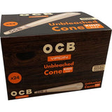 Front view of the OCB Virgin Cone King Size 24ct display box in natural brown and tan. This convenient retail point-of-purchase box contains unbleached, ultra-thin pre-rolled cones designed for a smooth, slow-burning smoking experience.