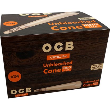 Front view of the OCB Virgin Cone King Size 24ct display box in natural brown and tan. This convenient retail point-of-purchase box contains unbleached, ultra-thin pre-rolled cones designed for a smooth, slow-burning smoking experience.