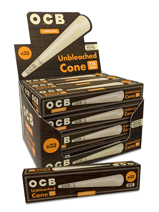 Angled front view of the natural brown and tan OCB Virgin 1 1/4 size cones retail display box. This 32-pack wholesale display provides an organized, countertop-ready presentation for smoke shops and dispensaries.