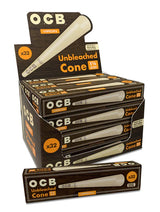 Angled front view of the natural brown and tan OCB Virgin 1 1/4 size cones retail display box. This 32-pack wholesale display provides an organized, countertop-ready presentation for smoke shops and dispensaries.