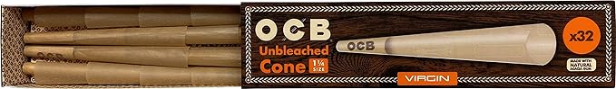 Front view of a single brown cardboard retail pack of OCB Virgin 1 1/4 size cones. These unbleached, ultra-thin pre-rolled cones save time by eliminating the need for complex hand rolling.