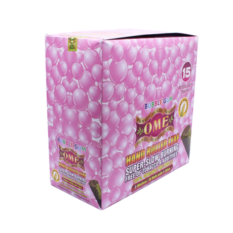 Front view of the closed OME hand rolled tendu leaf wraps 15-count display box in bright pink bubbles. This wholesale retail display provides shops with premium, tobacco-free pre-rolled palm leaf wraps for a smooth and slow-burning smoke.