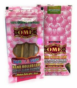 Front view of the closed OME hand rolled tendu leaf wraps pack in bright pink bubbles. This wholesale retail display provides shops with premium, tobacco-free pre-rolled palm leaf wraps for a smooth and slow-burning smoke.