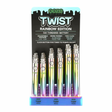 Front view of the Ooze 510 battery 24-count retail display filled with rainbow metallic vape batteries. This retail-ready wholesale acrylic display provides smoke shops with a highly popular, eye-catching setup perfect for checkout counters.