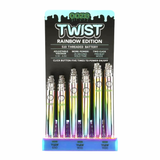 Front view of the Ooze 510 battery 24-count retail display filled with rainbow metallic vape batteries. This retail-ready wholesale acrylic display provides smoke shops with a highly popular, eye-catching setup perfect for checkout counters.