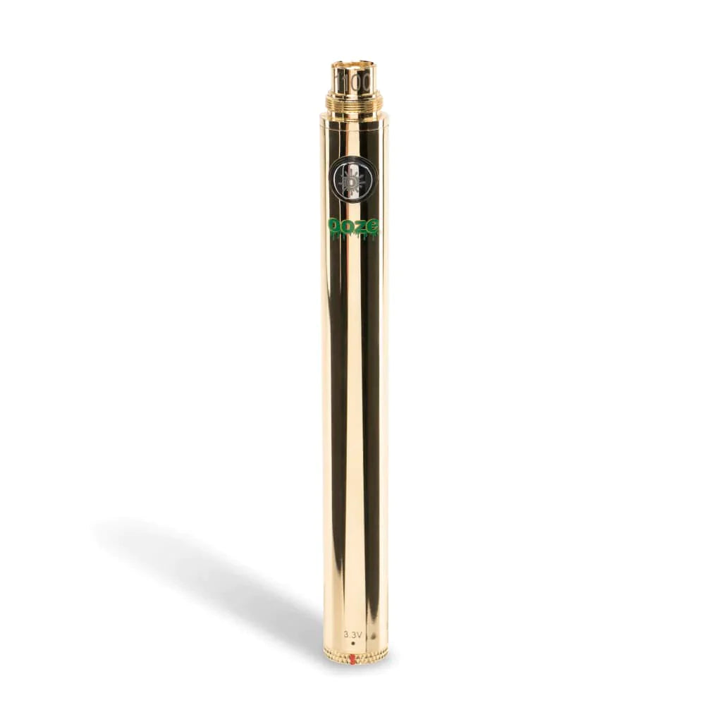 Close-up front view of a single Ooze 510 battery in a stunning metallic gold finish. This slim, highly portable vape pen features a universal 510 thread connection expertly machined to securely fit standard oil and extract cartridges.