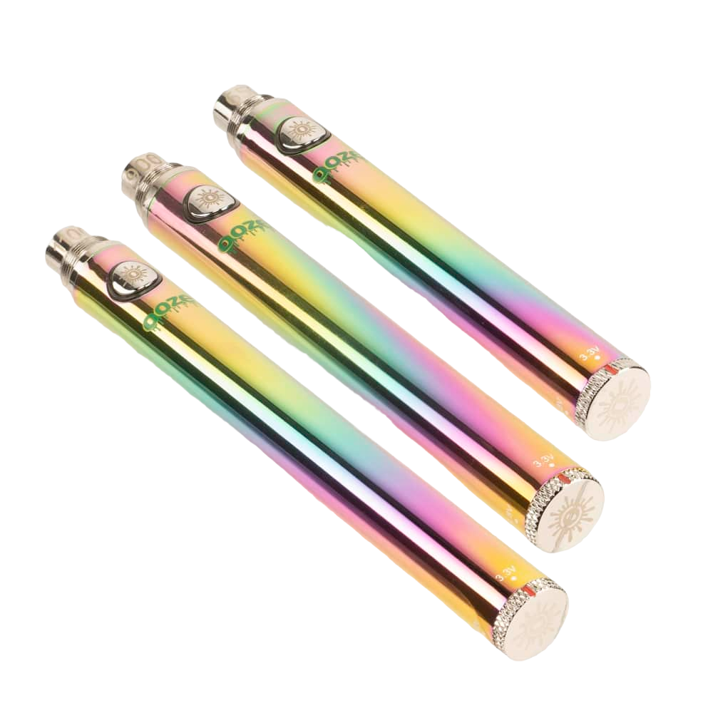 Close-up front view of three Ooze 510 battery in a stunning metallic rainbow finish. This slim, highly portable vape pen features a universal 510 thread connection expertly machined to securely fit standard oil and extract cartridges.