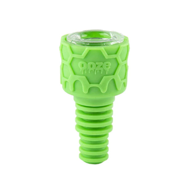 Front view of the Ooze Armor silicone glass bowls in an assortment of vibrant neon colors. This hybrid bowl features a protective silicone outer skin shielding a glass insert designed to provide a clean taste while surviving accidental drops.