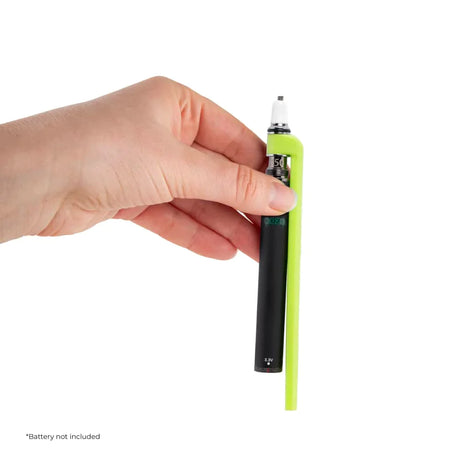 Top down angled view of the Ooze ConNectar nectar collector attachment in green securely fastened to a slim twist battery. Pairing this versatile dab attachment with an adjustable voltage battery allows users to perfectly dial in the heat level to maximize distinct terpene flavor profiles.