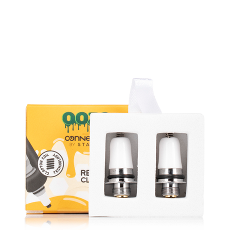 Front view of the Ooze ConNectar replacement Clapton coil 2-pack in yellow and white retail packaging. These high-quality ceramic replacement coils are designed specifically for the Ooze x Stache ConNectar dab straw attachment to provide flavorful vapor from your favorite concentrates.
