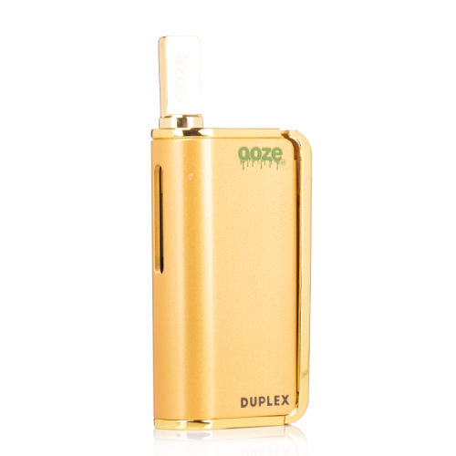 Front view of the Ooze Duplex dual extract vaporizer kit in sleek gold. This highly versatile, palm-sized device features an ergonomic trigger-style button to comfortably vaporize both thick concentrates and standard oil cartridges.