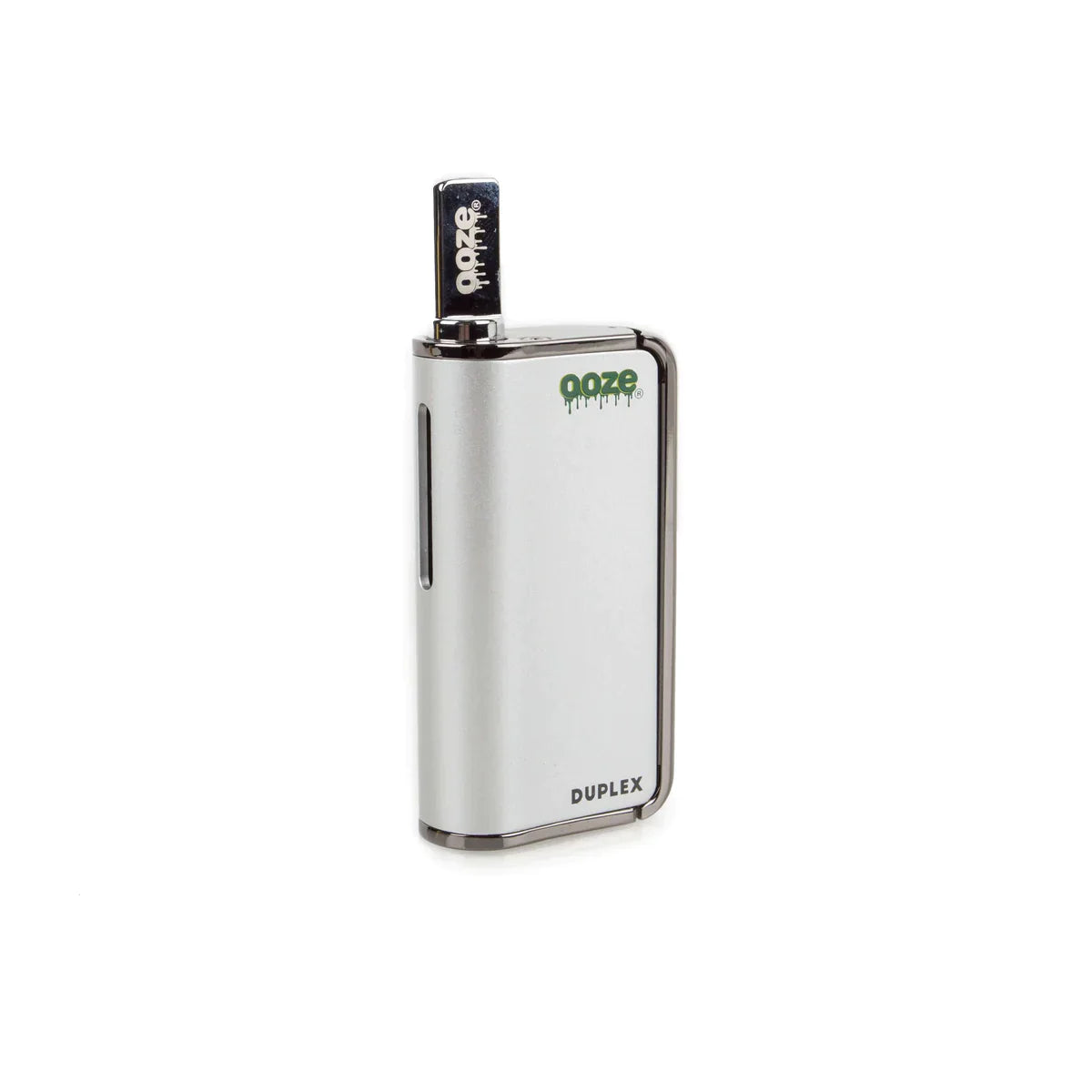 Front view of the Ooze Duplex dual extract vaporizer kit in sleek silver. This highly versatile, palm-sized device features an ergonomic trigger-style button to comfortably vaporize both thick concentrates and standard oil cartridges.