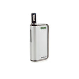 Front view of the Ooze Duplex dual extract vaporizer kit in sleek silver. This highly versatile, palm-sized device features an ergonomic trigger-style button to comfortably vaporize both thick concentrates and standard oil cartridges.