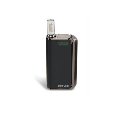 Front view of the Ooze Duplex Pro dual extract vaporizer kit in sleek black. This upgraded palm-sized device features a concealed 510-thread chamber and a powerful C-Core Onyx atomizer to seamlessly handle both oil cartridges and raw extracts.