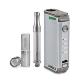 Front view of the Ooze Duplex Pro dual extract vaporizer kit in sleek silver. This upgraded palm-sized device features a concealed 510-thread chamber and a powerful C-Core Onyx atomizer to seamlessly handle both oil cartridges and raw extracts.