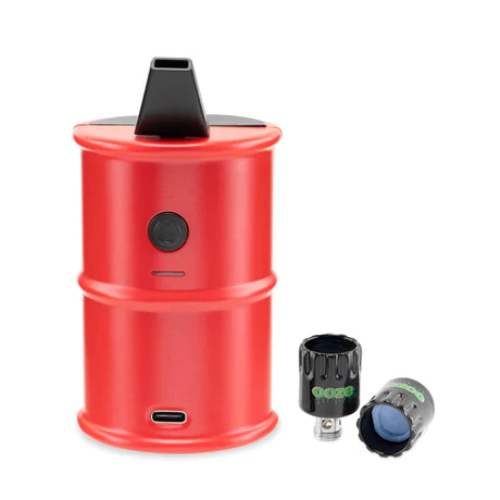Front angled view of the Ooze Electro Barrel E-Rig Vaporizer in vibrant ruby red. This barrel-style electric dab rig utilizes a powerful 2000mAh battery and C-Core technology for a heavy metal-free, torchless dabbing experience.