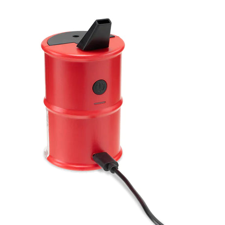 Front angled view of the Ooze Electro Barrel E-Rig Vaporizer in vibrant ruby red. This barrel-style electric dab rig utilizes a powerful 2000mAh battery and C-Core technology for a heavy metal-free, torchless dabbing experience.