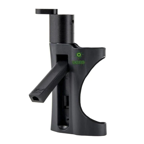 Angled view of the Ooze EZ Pipe & Lighter Holder in sleek black. Equipped with an integrated cleaning rod tucked into the bottom of the unit, this self-contained pipe allows users to easily clear clogs immediately after a session.