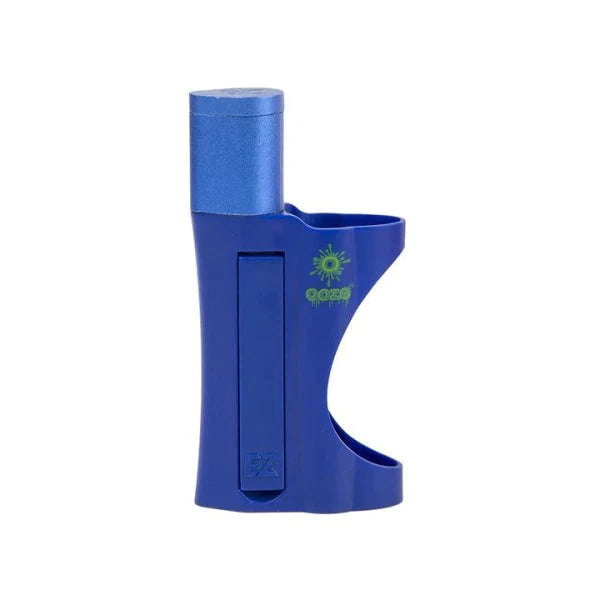 Angled view of the Ooze EZ Pipe & Lighter Holder in vibrant blue. This pocket-sized device features a built-in lighter compartment, ensuring you never misplace your heat source while on the go.