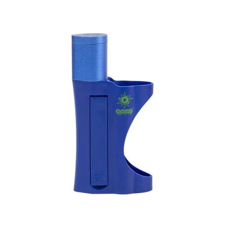 Angled view of the Ooze EZ Pipe & Lighter Holder in vibrant blue. This pocket-sized device features a built-in lighter compartment, ensuring you never misplace your heat source while on the go.