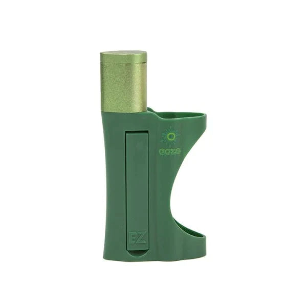 Angled view of the Ooze EZ Pipe & Lighter Holder in bright pink. This travel-friendly smoking accessory features an enclosed swivel-top metal basin that protects your botanical materials from wind interference and prevents ash from blowing away.