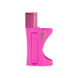 Angled view of the Ooze EZ Pipe & Lighter Holder in bright pink. This travel-friendly smoking accessory features an enclosed swivel-top metal basin that protects your botanical materials from wind interference and prevents ash from blowing away.