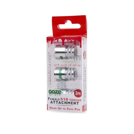 Front angled view of three Ooze Female 510 Thread Attachment Bases in metallic silver. These essential replacement adapter rings thread onto the bottom of standard 510 oil cartridges so they can securely drop into concealed vaporizer batteries.