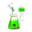 Front view of the Ooze Glyco Glycerin Freezable Water Pipe in Slime Green. This compact 6.5-inch borosilicate glass beaker bong features a hollow base filled with bright green freezable liquid glycerin to deliver incredibly cold, ice-like hits.