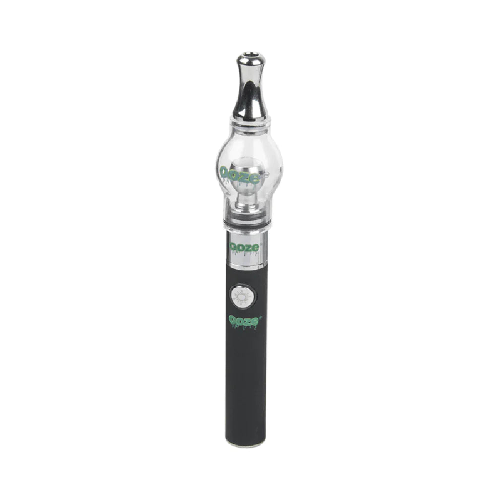 Angled overhead view of the Ooze Gusher Globe vaporizer highlighting the clear, dome-shaped glass attachment. The expansive glass mouthpiece allows users to watch the thick vapor build up before inhaling, effectively cooling the hit for a remarkably smooth experience.