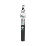 Angled overhead view of the Ooze Gusher Globe vaporizer highlighting the clear, dome-shaped glass attachment. The expansive glass mouthpiece allows users to watch the thick vapor build up before inhaling, effectively cooling the hit for a remarkably smooth experience.