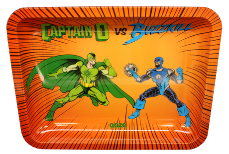 Large Ooze Captain O metal tray with two stylized characters based on old superhero design styles.