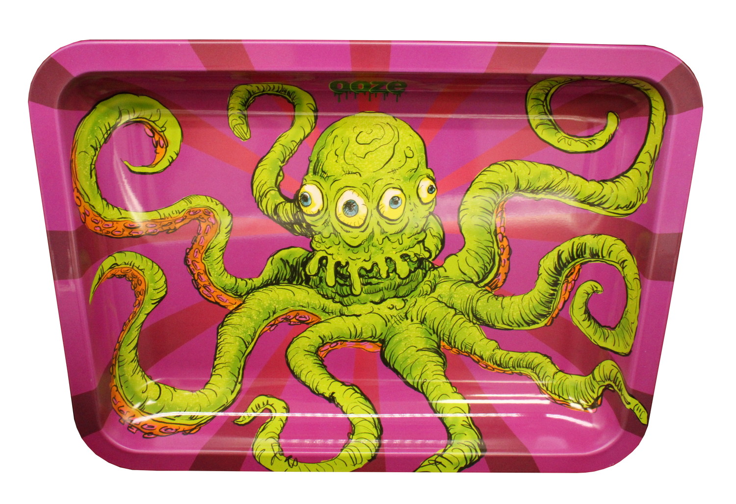 Large metal Ooze rolling tray featuring the Sir Inks A Lot octopus tattoo art on a pink background.