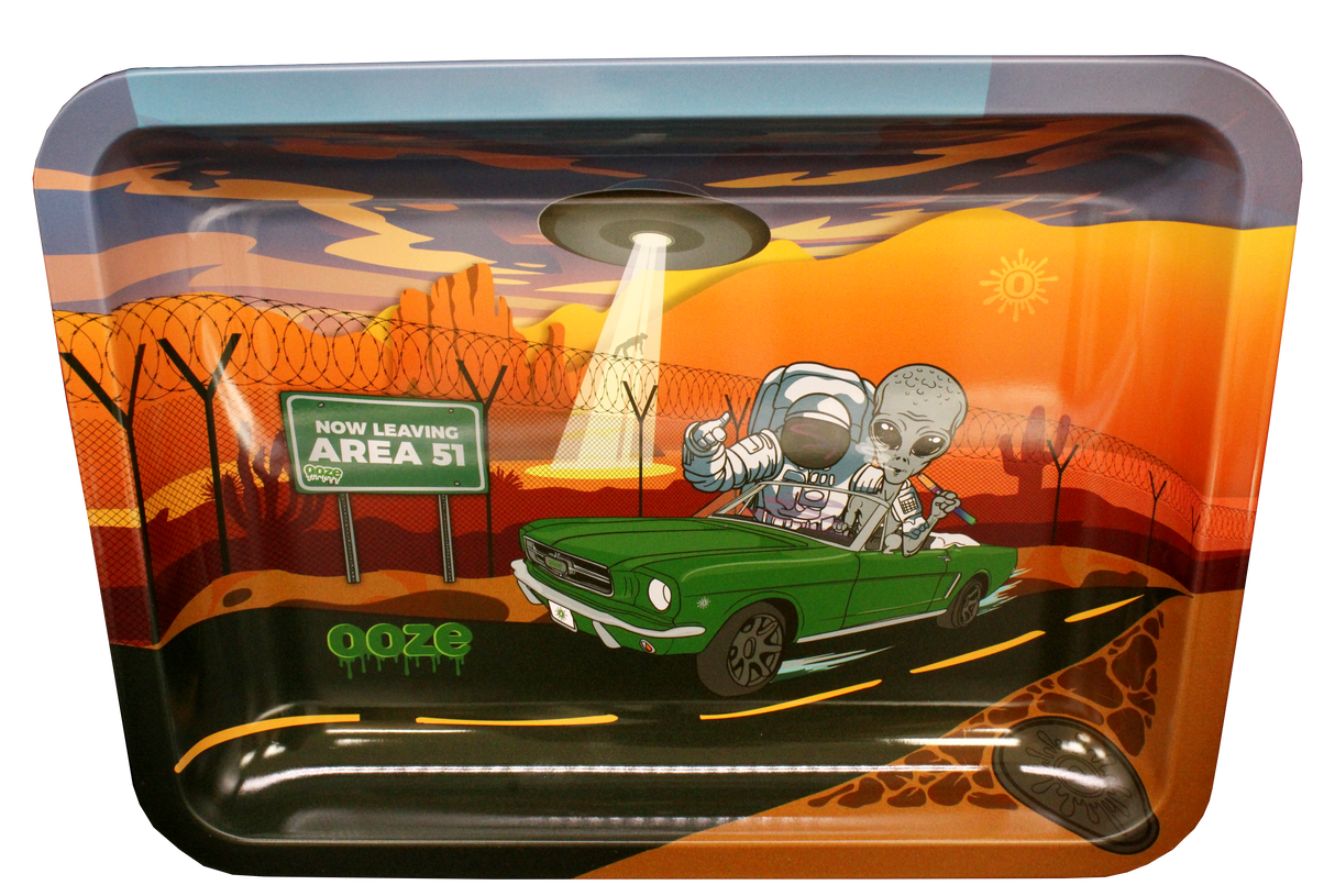 Ooze Space Race large metal rolling tray with a colorful astronaut and alien in a ooze green car.