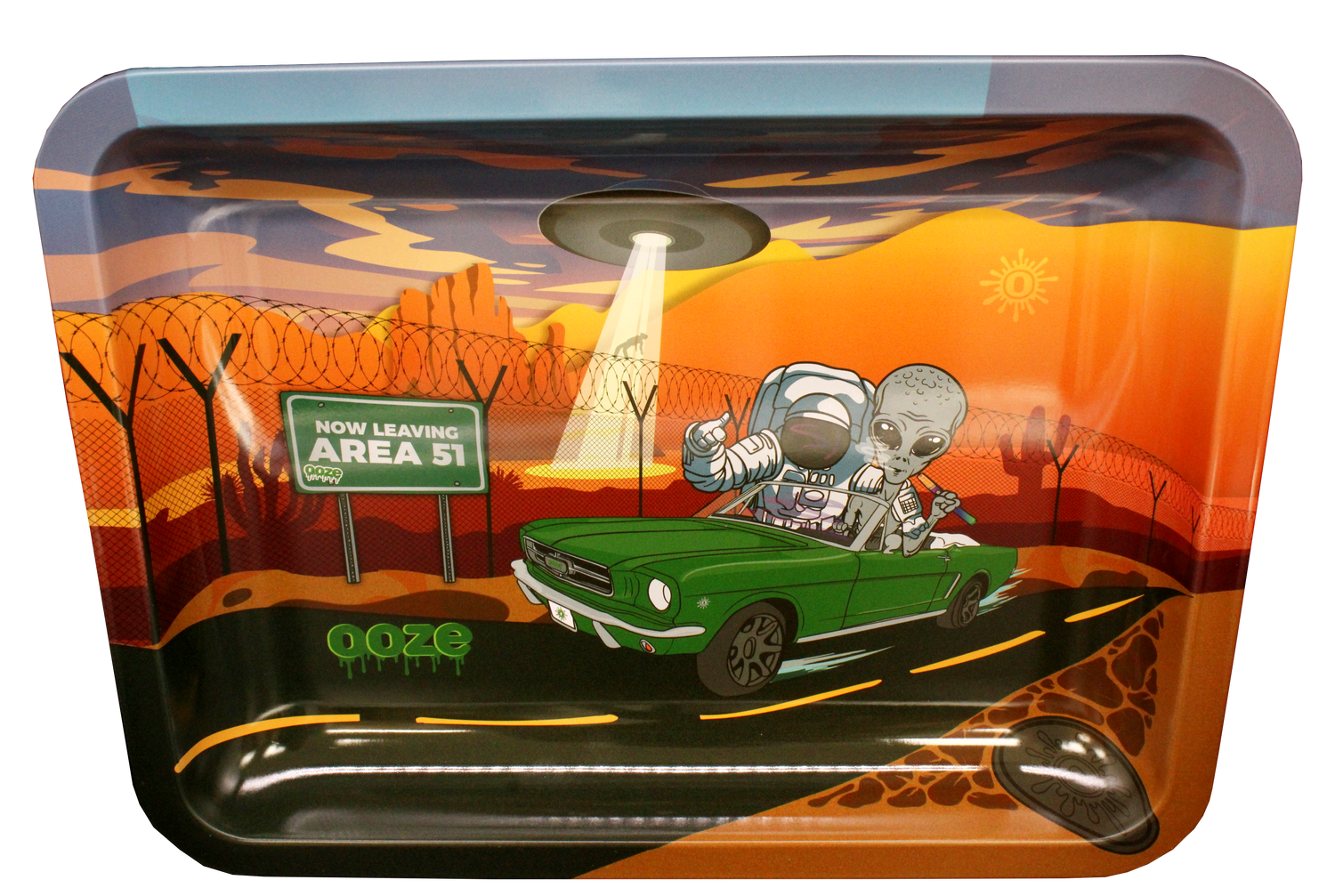 Ooze Space Race large metal rolling tray with a colorful astronaut and alien in a ooze green car.