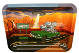 Ooze Space Race large metal rolling tray with a colorful astronaut and alien in a ooze green car.