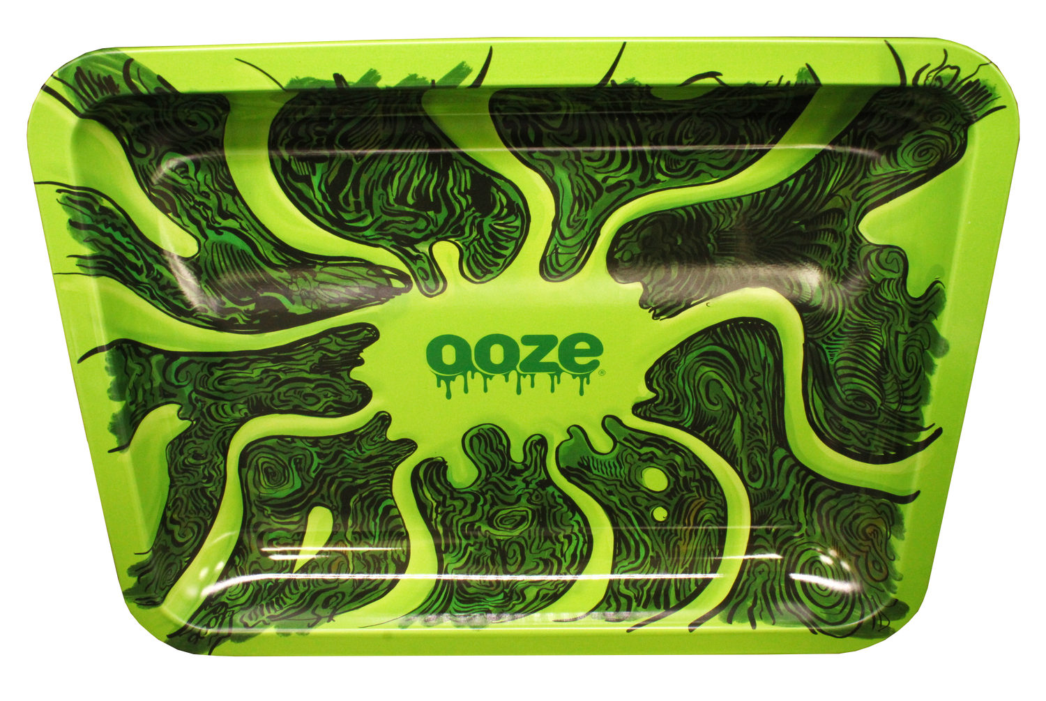 Medium Ooze metal rolling tray with the Abyss design featuring trippy green and dark green psychedelic swirls.