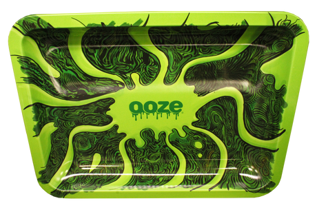 Medium Ooze metal rolling tray with the Abyss design featuring trippy green and dark green psychedelic swirls.