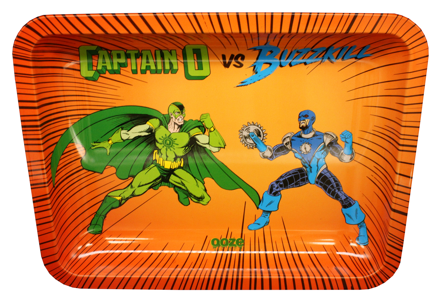 Medium Ooze Captain O metal tray with two stylized characters based on old superhero design styles.