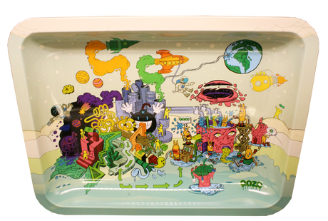 Ooze Imaginarium medium metal rolling tray featuring a vibrant surreal monster city art design.