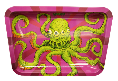 Medium metal Ooze rolling tray featuring the Sir Inks A Lot octopus tattoo art on a pink background.