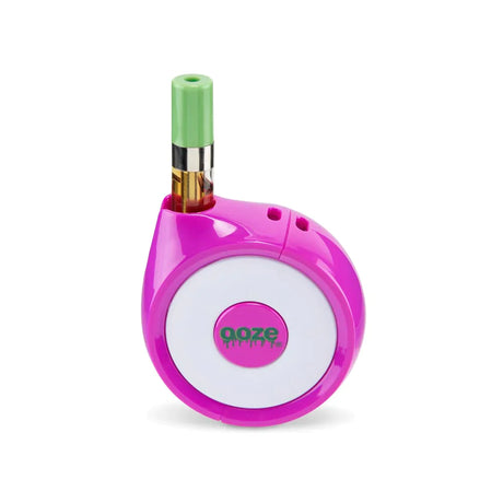 Close-up side profile view of the Ooze Movez vape battery in purple showcasing a standard 510-thread oil cartridge securely inserted. Utilizing convenient magnetic drop-in adapters, this device ensures a secure connection while perfectly concealing and protecting delicate glass attachments.