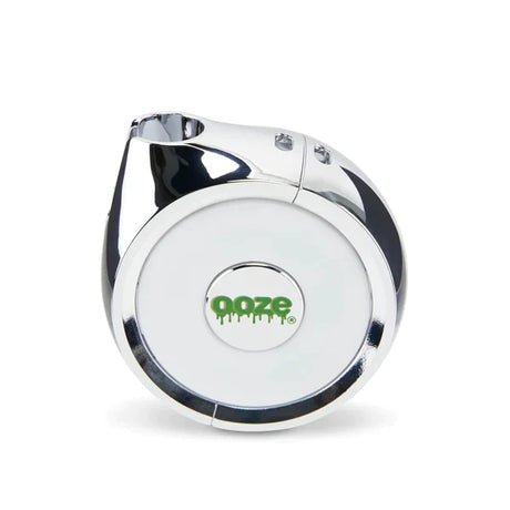 Front view of the Ooze Movez wireless speaker vape battery in chrome. This innovative 2-in-1 device combines a powerful 510-thread cartridge battery with a Bluetooth speaker so you can vape and listen to your favorite music simultaneously.